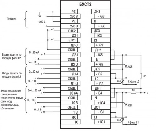 Схема соединения для типа подключения нагрузки «две фазы, 220 В»