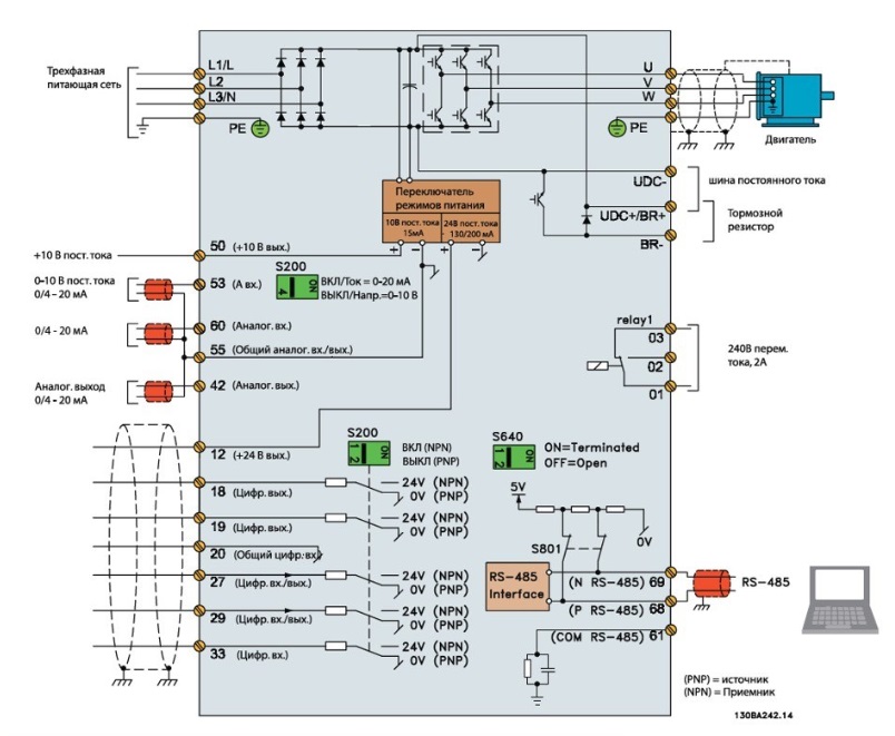 Схема подключения FC51 частотного преобразователя Danfoss