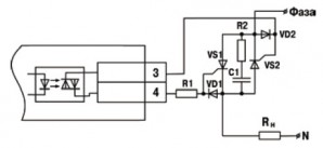 Схема подключения нагрузки к ВУ типа С двух тиристоров, подключенных встречно-параллельно