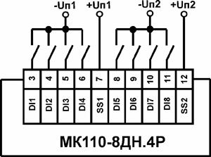 Схема подключения к МК110-8Д.4Р дискретных датчиков с выходом типа «сухой контакт»