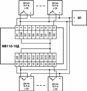 Схема подключения к МВ110-16Д трехпроводных дискретных датчиков, имеющих выходной транзистор n-p-n- типа с открытым коллектором