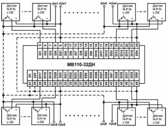 Схема подключения к МВ110-32ДН дискретных датчиков с транзисторным выходом n-p-n-типа с ОК
