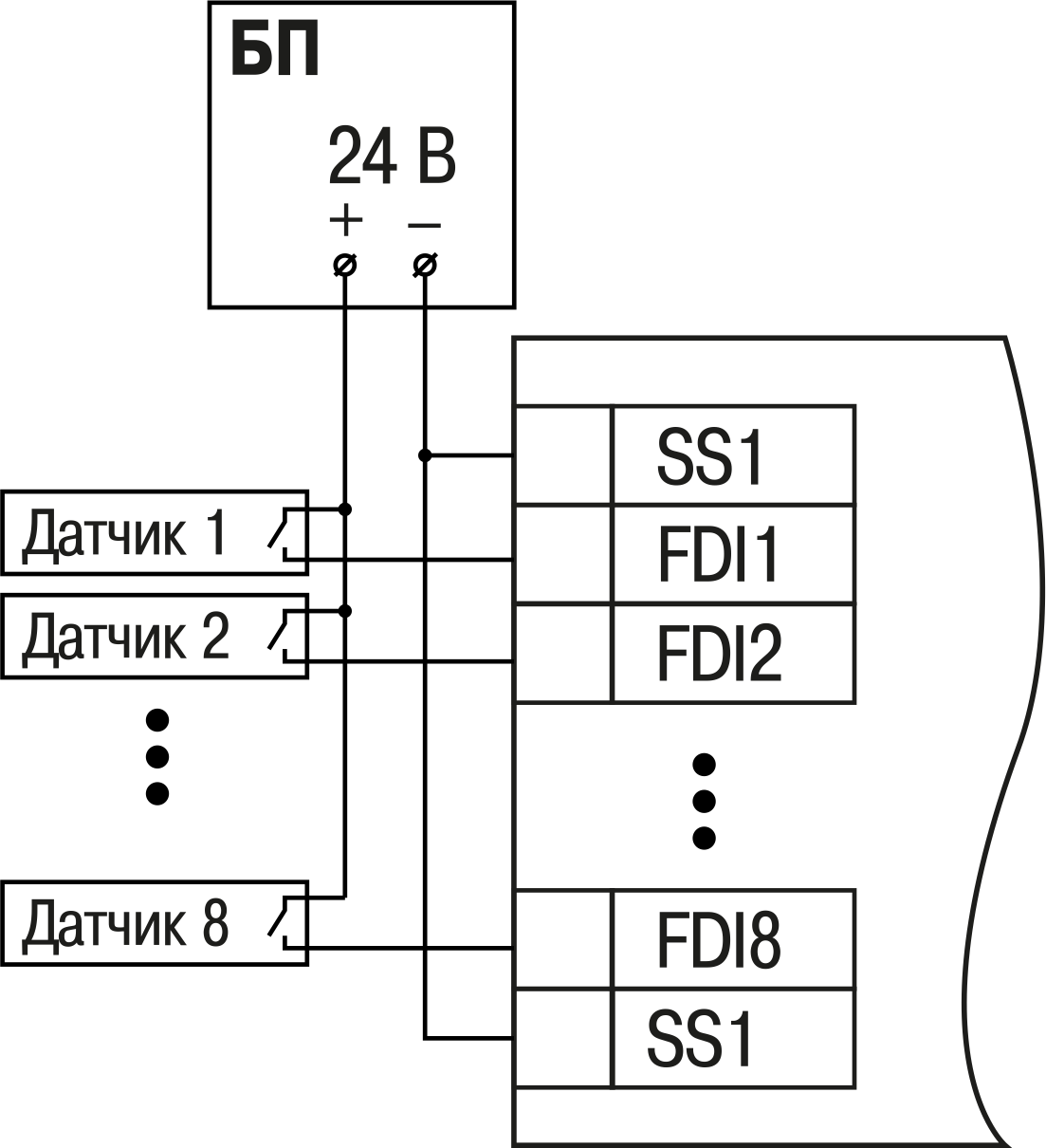 ПЛК200-02 схема подключения контактных датчиков к дискретным входам