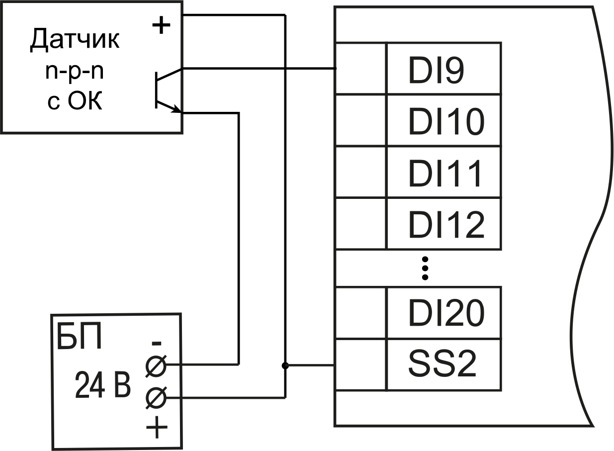 ПЛК200-03 схема подключения датчиков n-p-n типа