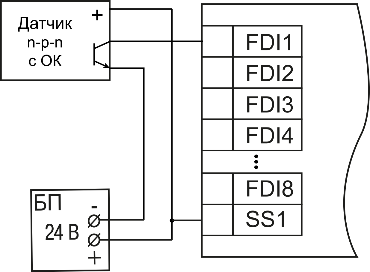 ПЛК200-04 схема подключения датчиков n-p-n типа