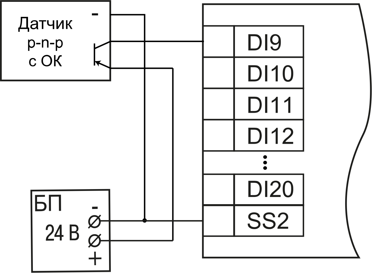 ПЛК200-03 схема подключения датчиков p-n-p типа