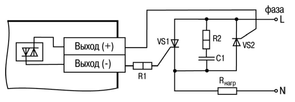 Схема подключения нагрузки к ВЭ типа «С» двух тиристоров, подключенных встречно-параллельно (R2=47… 68 Ом, С1=0.1мкф×630 В)