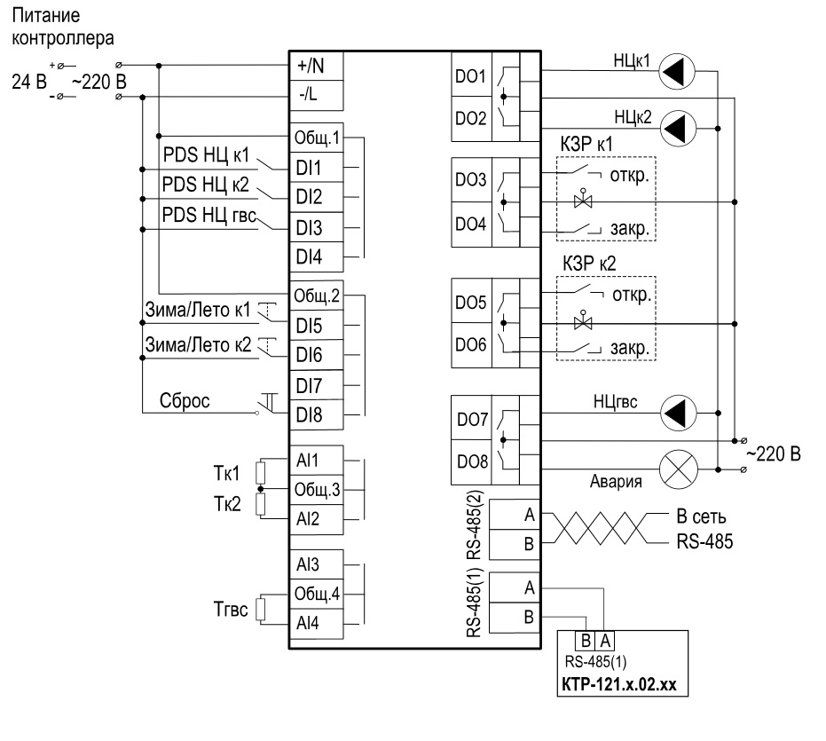 Схема подключения КТР–121.03.10 для управления контурами ГВС и отопления