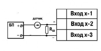 Подключение активного датчика с токовым выходом 0….5мА или 0(4)….20мА (Rш = 100Ом ±0,1%)