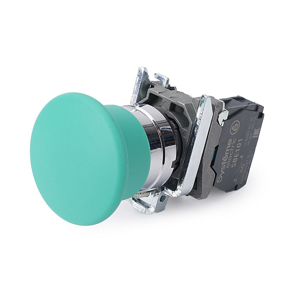 Кнопка с гриб головкой SB4 в сборе 22мм 40мм зеленая с возвратом металл 1НО фото