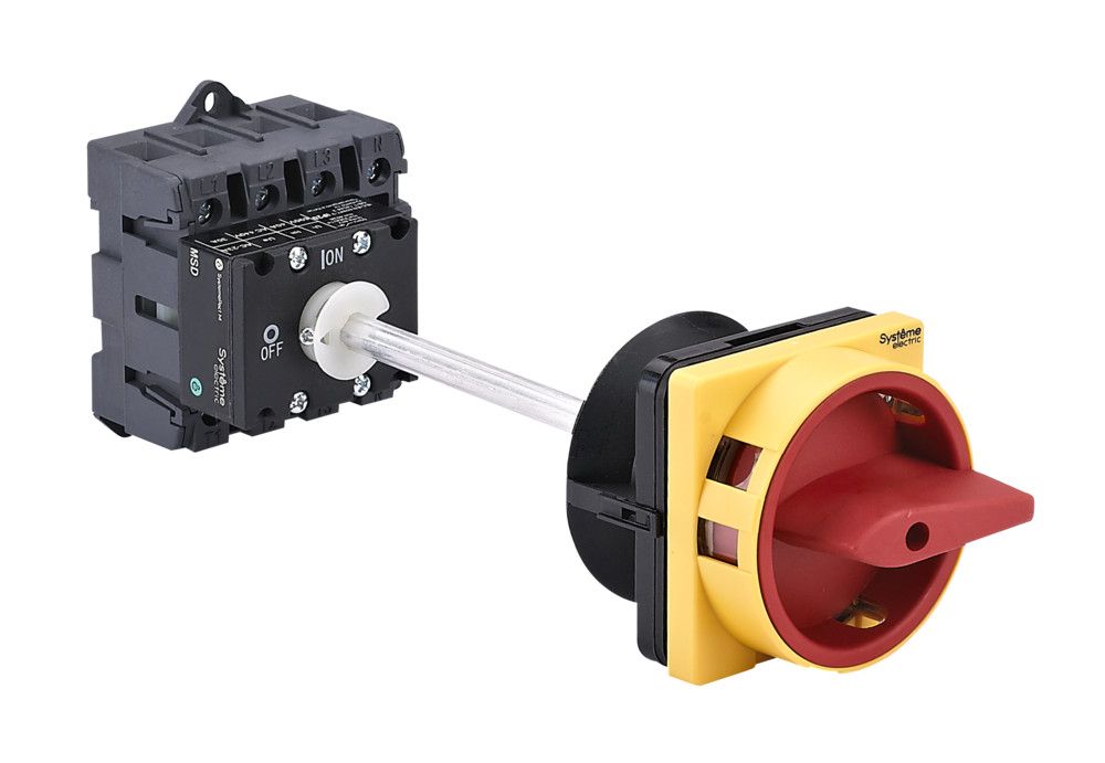 ВЫКЛЮЧАТЕЛЬ-РАЗЪЕДИНИТЕЛЬ 4P 63A IP40 С КРАСНОЙ ВЫНОСНОЙ РУКОЯТКОЙ НА ДИН-РЕЙКЕ/ПЛАТЕ С ЗАМКОМ фото