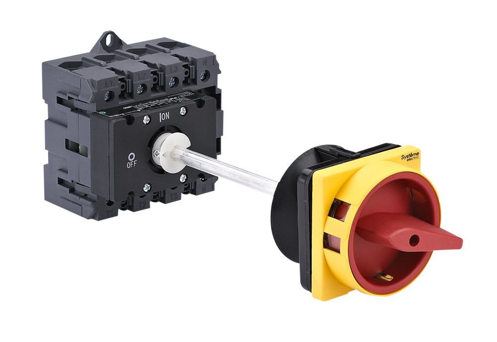 ВЫКЛЮЧАТЕЛЬ-РАЗЪЕДИНИТЕЛЬ 4P 100A IP40 С КРАСНОЙ ВЫНОСНОЙ РУКОЯТКОЙ НА ДИН-РЕЙКЕ/ПЛАТЕ С ЗАМКОМ фото