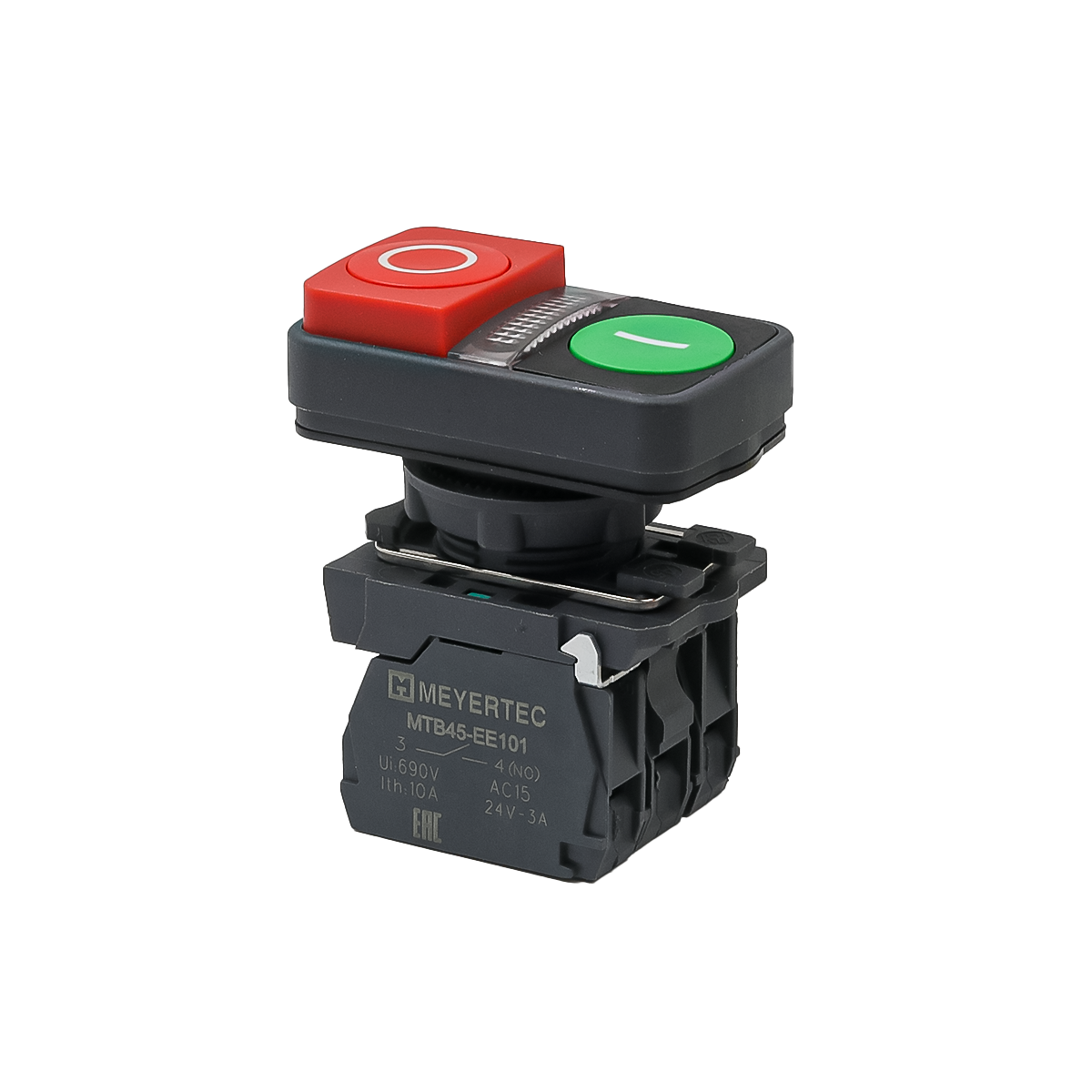 Кнопка двойная выступающая с подсветкой, красная/зеленая, маркировка "I+O", 1NO+1NC, 220V AC/DC, IP65, пластик Meyertec MTB5-AW84753
