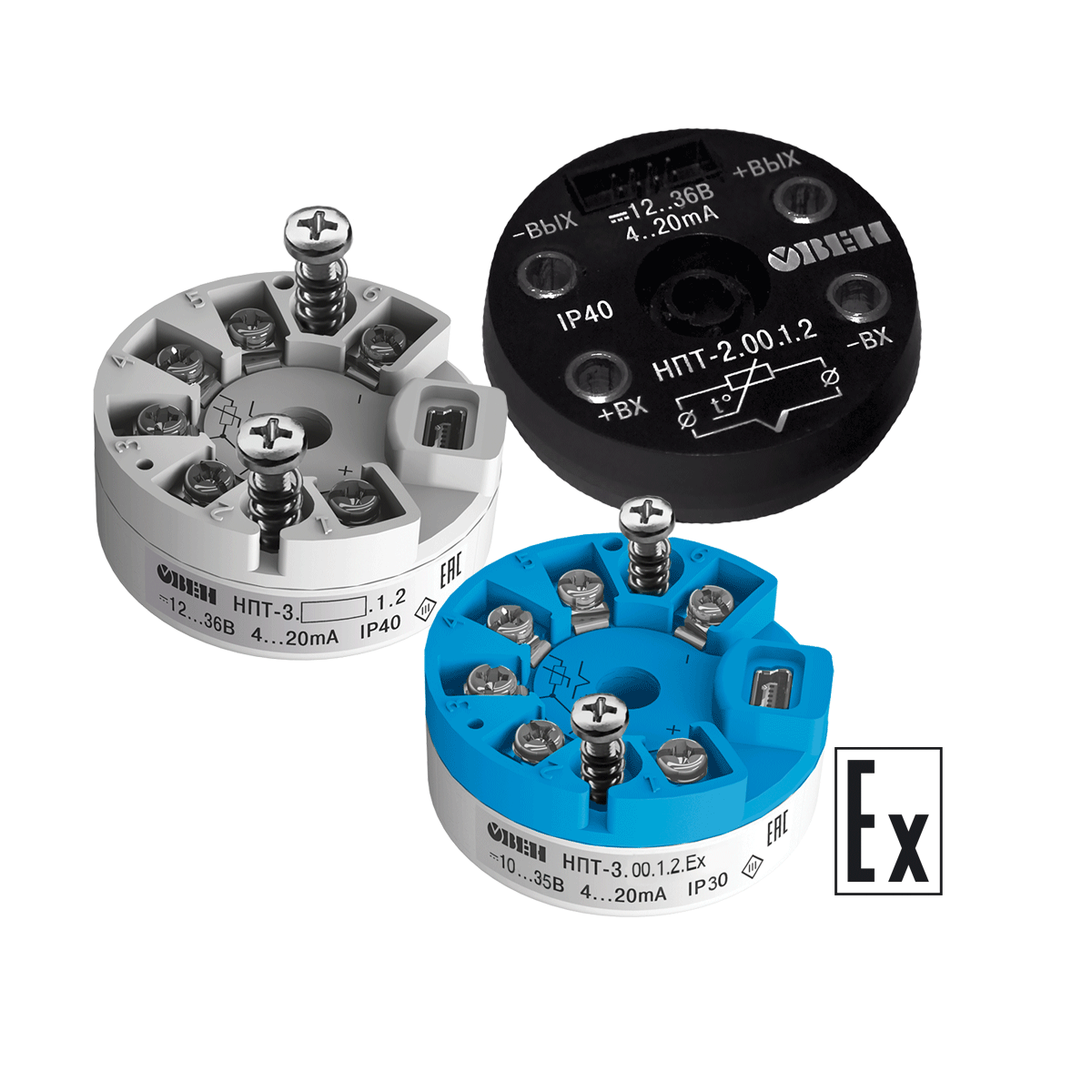 НПТ линейка нормирующих преобразователей для термометров сопротивления и термопар в головку датчика ОВЕН НПТ-3.00.1.2-ЕХ