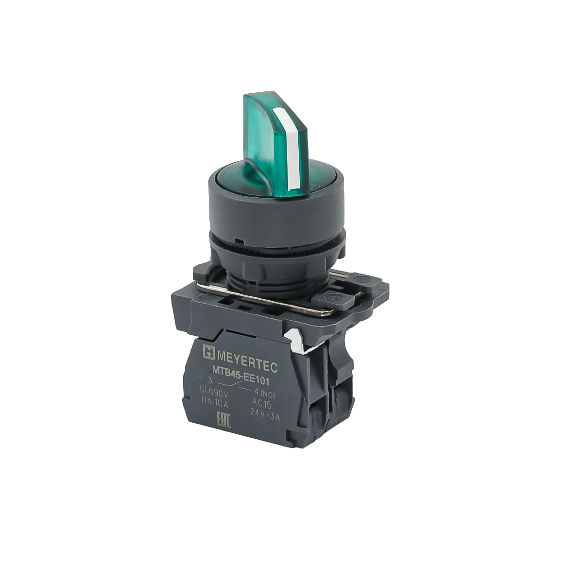 Переключатель  на 2 положения с фиксацией и подсветкой,  зеленый, 1NO, 24V AC/DC, IP65, пластик Meyertec MTB5-AK23711 фото