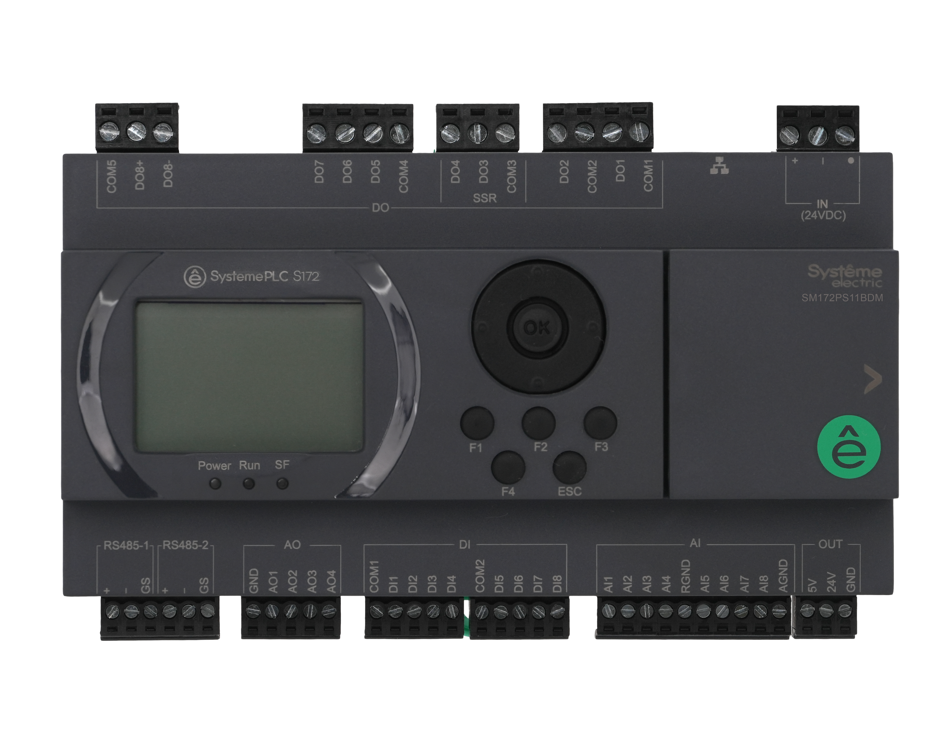 ПЛК S172; 24 VDC; дисплей; 28 IO: 8 DI, 8 DO (6 реле, 2 SSR), 8 AI, 4 AO, 2xRS485, 1xRJ45
