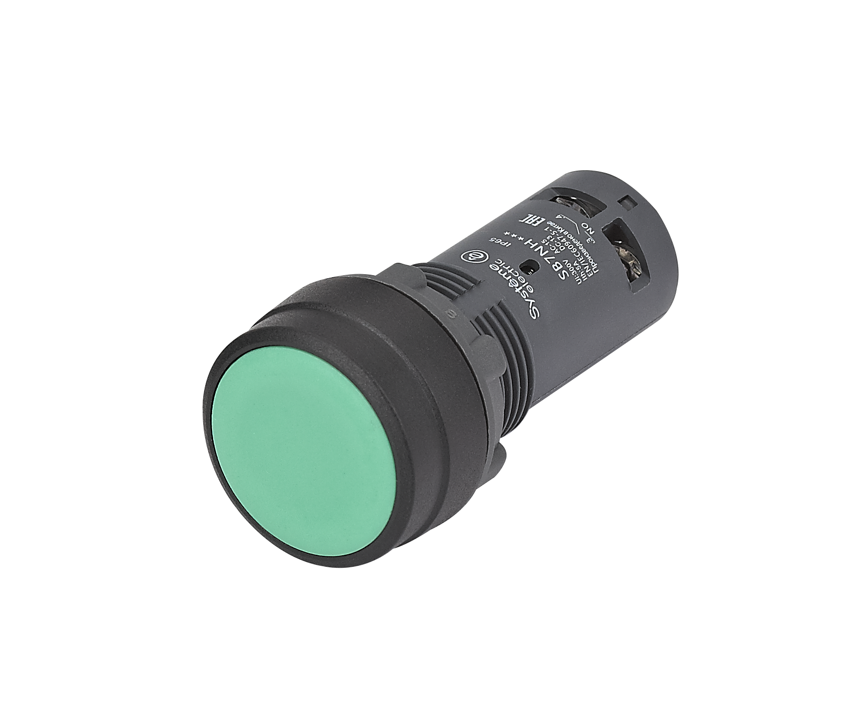 Кнопка SB7 моноблочная 22мм зеленая с фиксацией, пластик, 1НО+1НЗ, IP65