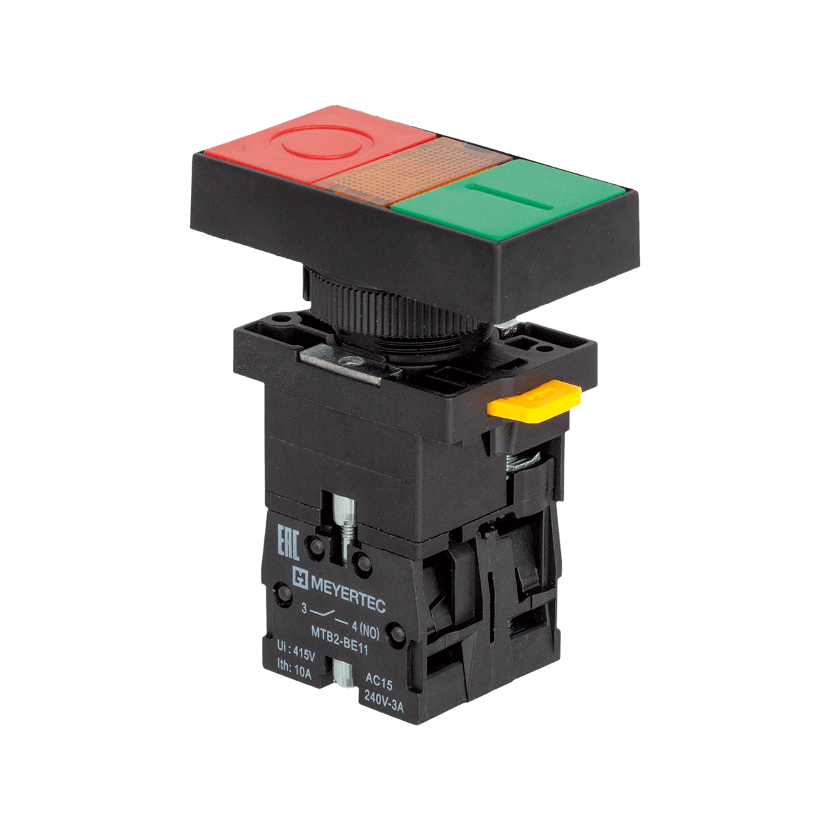 Кнопка двойная плоская с подсветкой, красная/зеленая, маркировка "I+O", 1NO+1NC, 220V AC/DC, IP40, пластик Meyertec MTB2-EW8363