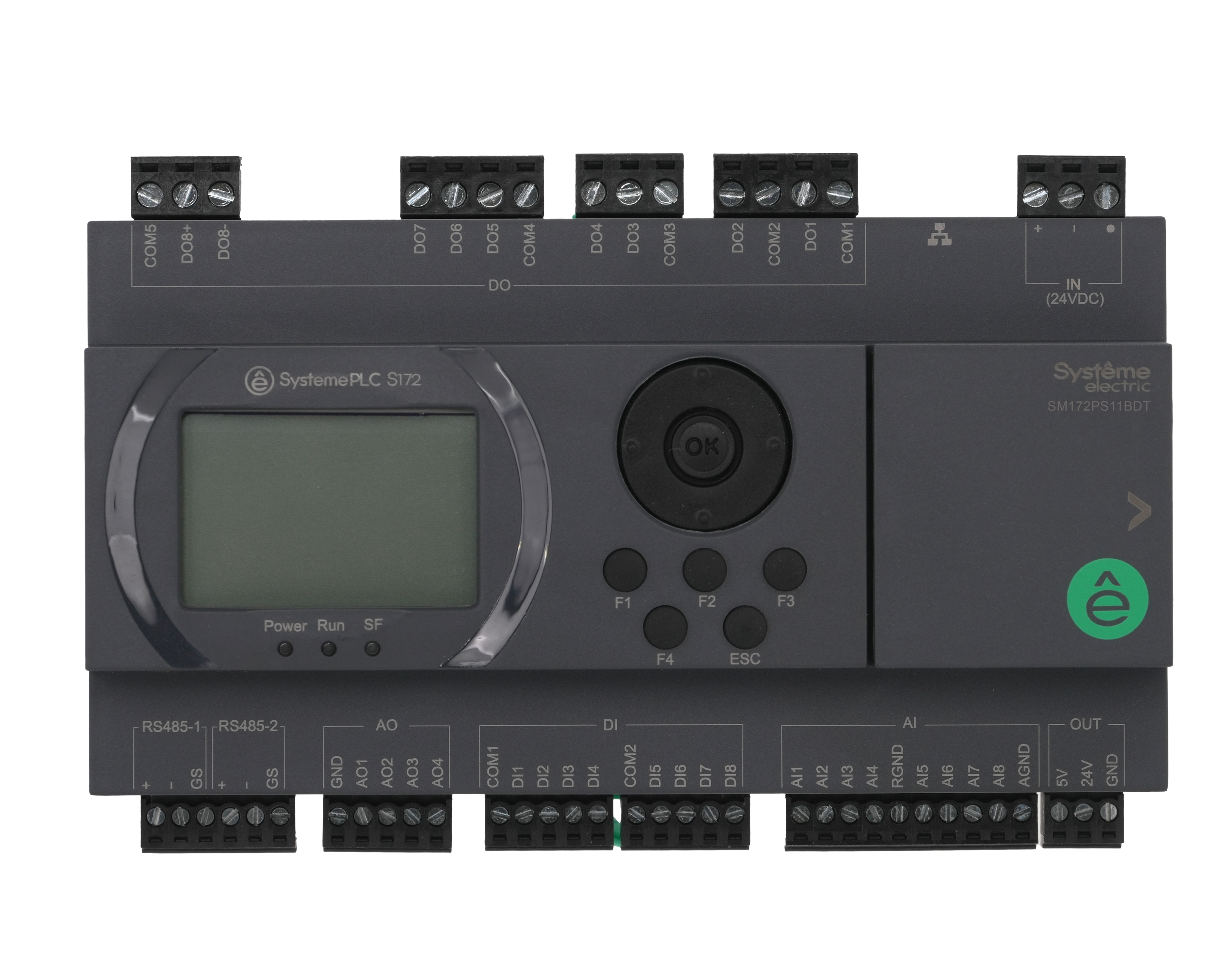 ПЛК S172; 24 VDC; дисплей; 28 IO: 8 DI, 8 DO (транзистор), 8 AI, 4 AO; 2xRS485, 1xRJ45