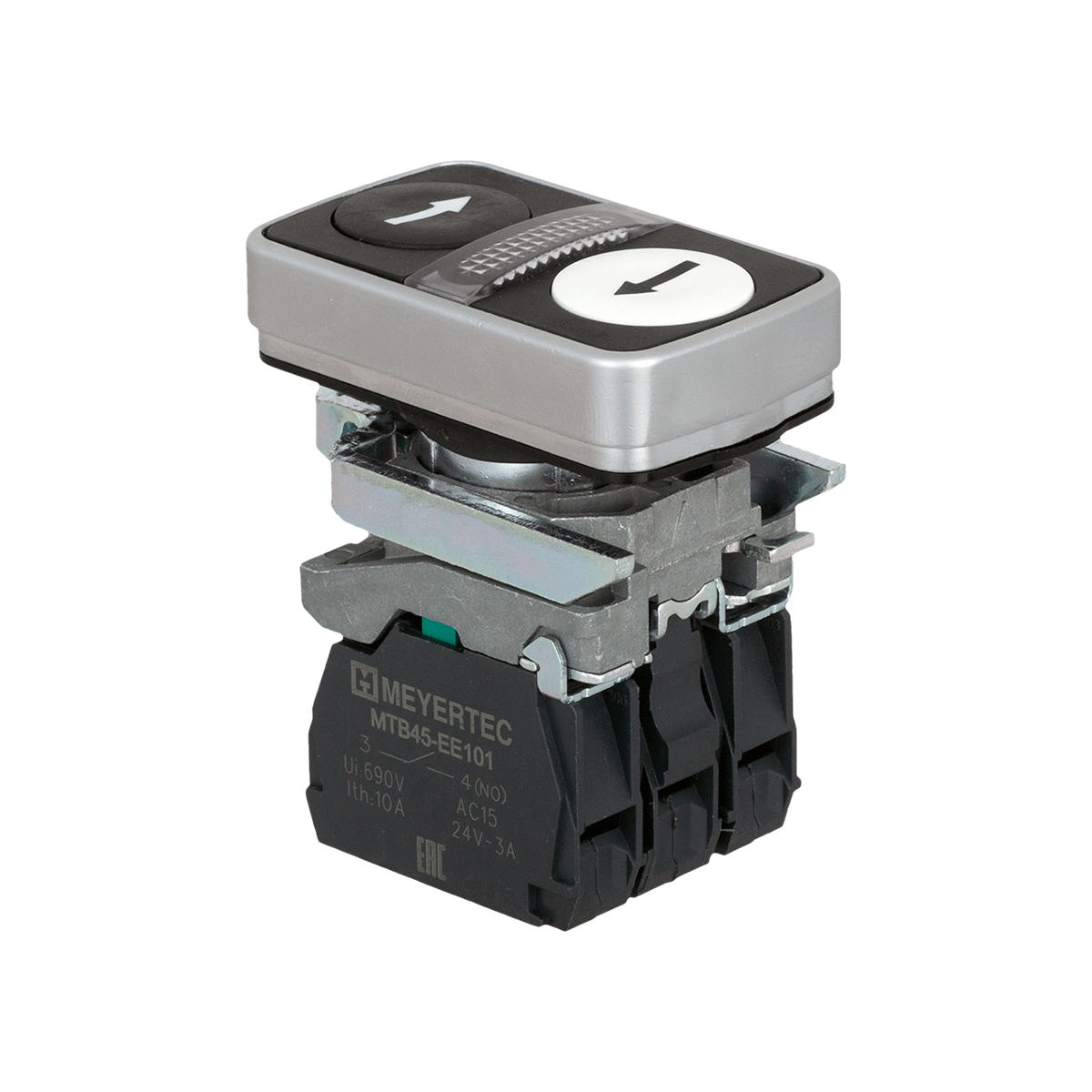 Кнопка двойная плоская с подсветкой, черная/белая, маркировка "стрелки влево-вправо", 2NO, 24V AC/DC, IP65, металл Meyertec MTB4-BW35115