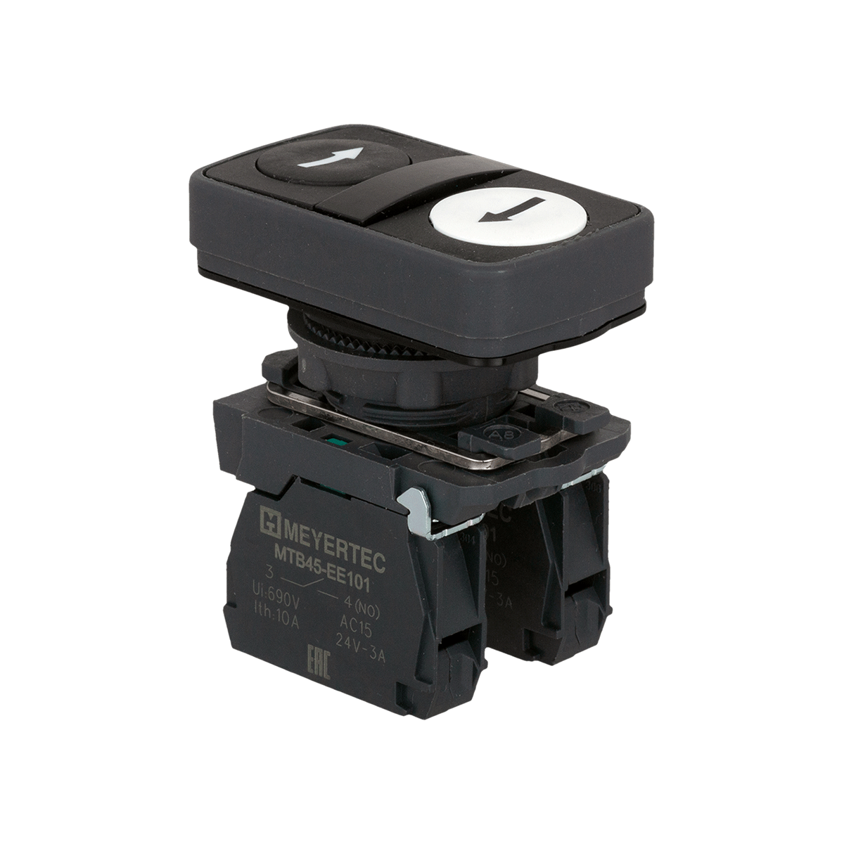 Кнопка двойная плоская, черная/белая, маркировка "стрелки влево-вправо", 2NO, IP65, пластик Meyertec MTB5-AL3512 фото