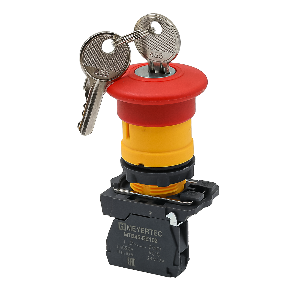 Кнопка грибовидная аварийной остановки с ключом, красная, 40 мм, возврат поворотом с фиксацией, 1NC, IP65, пластик Meyertec MTB5-AS142