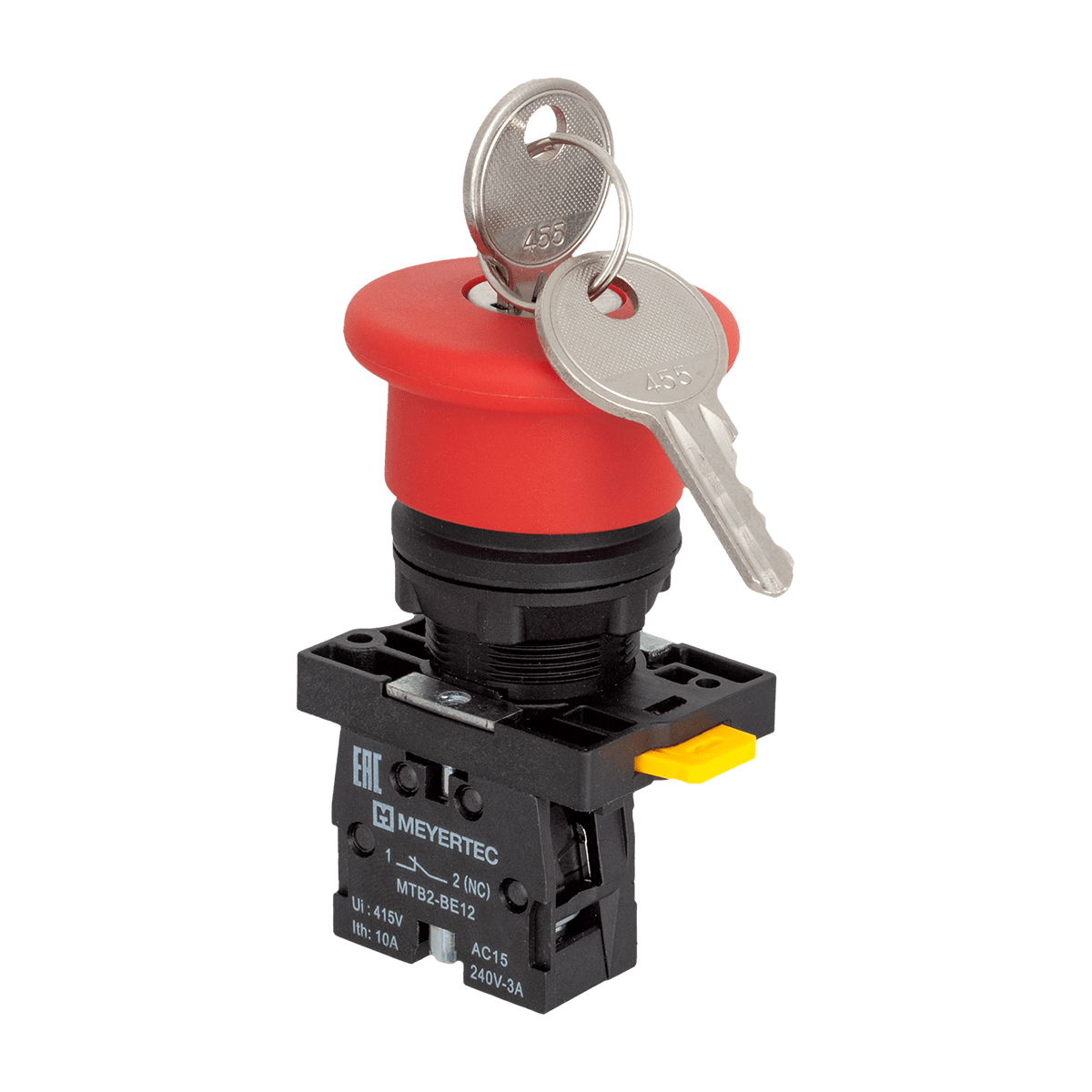 Кнопка грибовидная аварийной остановки с ключом, красная, 40 мм, возврат поворотом с фиксацией, 1NC, IP54, пластик Meyertec MTB2-ES142 фото