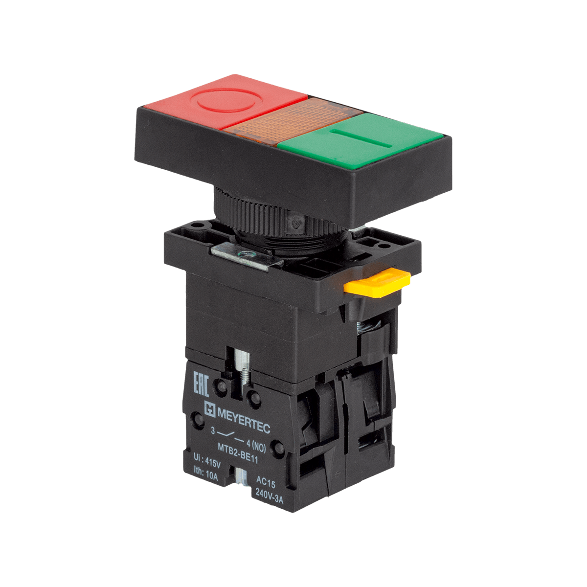 Кнопка двойная плоская с подсветкой, красная/зеленая, маркировка "I+O", 1NO+1NC, 24V AC/DC, IP40, пластик Meyertec MTB2-EW8361