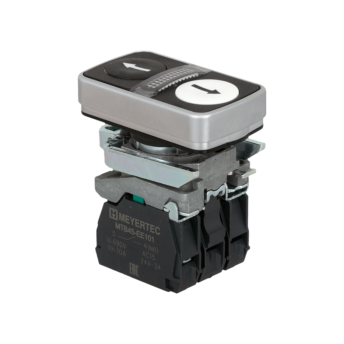 Кнопка двойная плоская с подсветкой, черная/белая, маркировка "стрелки вверх-вниз", 2NO, 24V AC/DC, IP65, металл Meyertec MTB4-BW28115