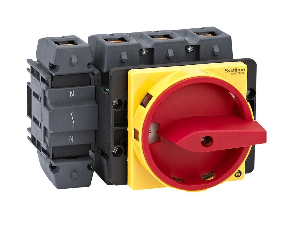 ВЫКЛЮЧАТЕЛЬ-РАЗЪЕДИНИТЕЛЬ 4P 125A IP40 С КРАСНОЙ РУКОЯТКОЙ НА ДВЕРЦУ 4 ВИНТАМИ С ЗАМКОМ фото