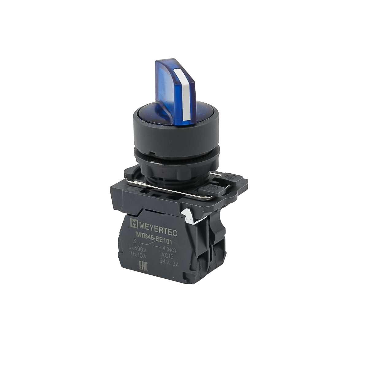 Переключатель  на 3 положения с фиксацией и подсветкой, синий, 1NO, 24V AC/DC, IP65, пластик Meyertec MTB5-AK36711
