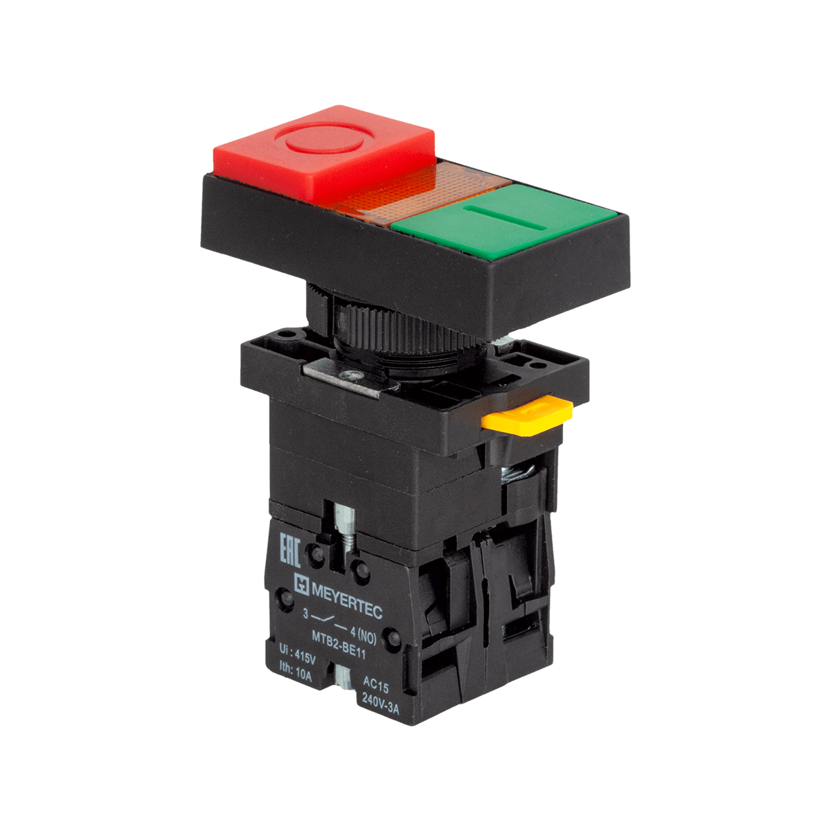 Кнопка двойная выступающая с подсветкой, красная/зеленая, маркировка "I+O", 1NO+1NC, 24V AC/DC, IP40, пластик Meyertec MTB2-EW8461
