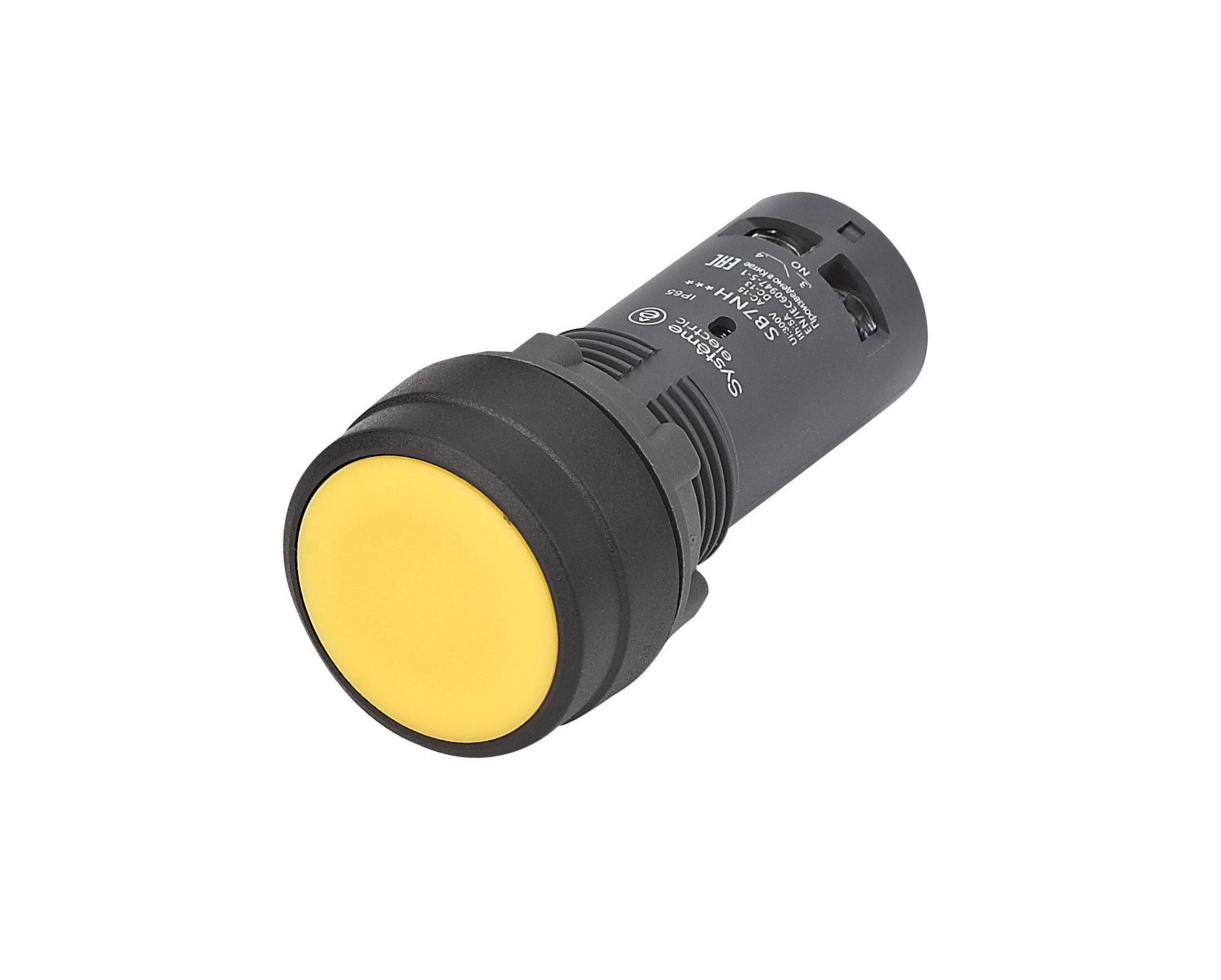Кнопка SB7 моноблочная 22мм желтая с фиксацией, пластик, 1НО, IP65