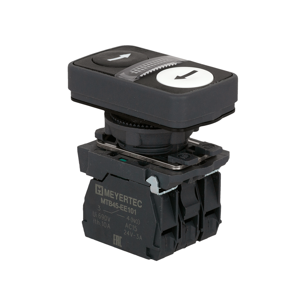 Кнопка двойная плоская с подсветкой, черная/белая, маркировка "стрелки влево-вправо", 2NO, 24V AC/DC, IP65, пластик Meyertec MTB5-AW35115