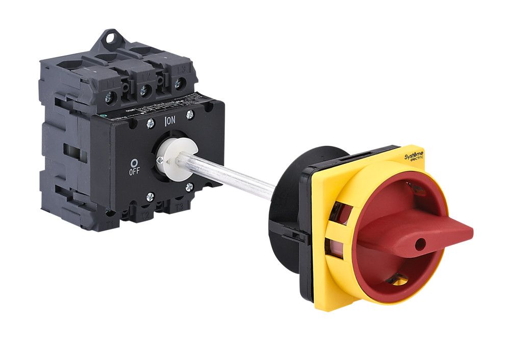 ВЫКЛЮЧАТЕЛЬ-РАЗЪЕДИНИТЕЛЬ 3P 80A IP40 С КРАСНОЙ ВЫНОСНОЙ РУКОЯТКОЙ НА ДИН-РЕЙКЕ/ПЛАТЕ С ЗАМКОМ фото
