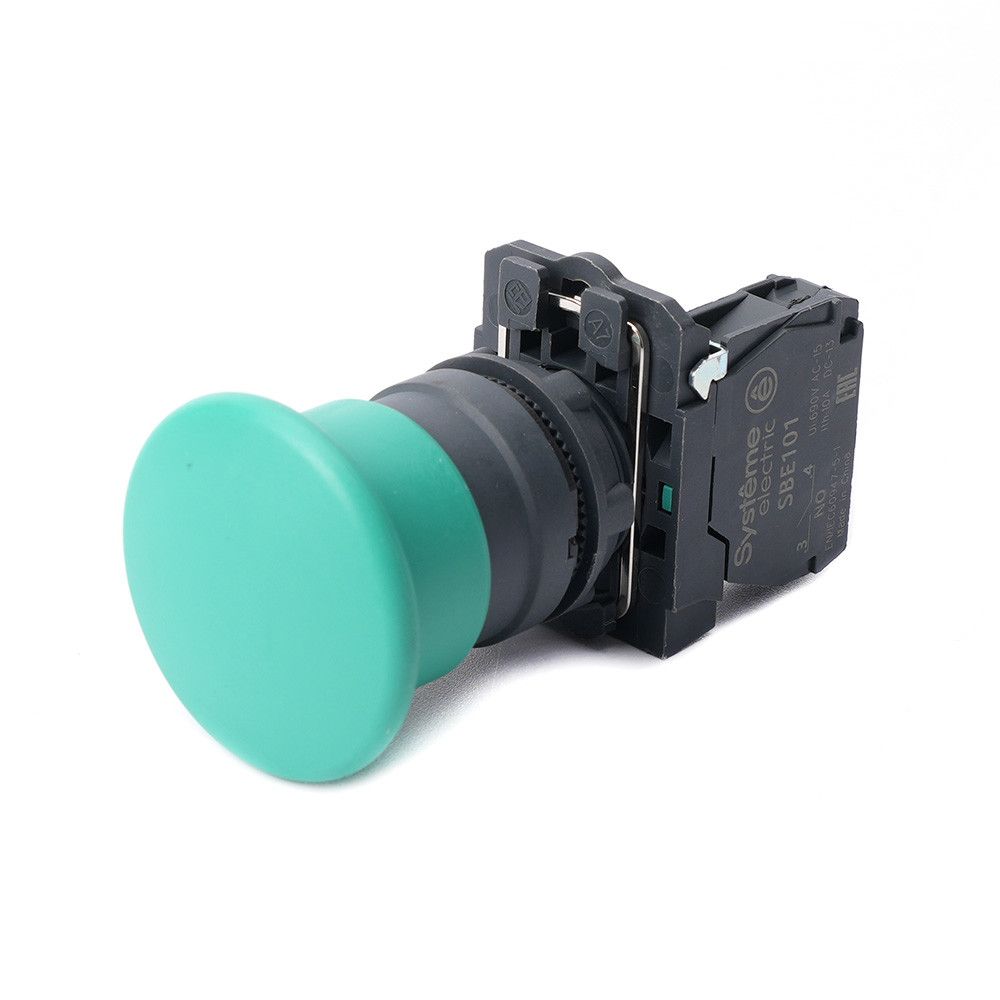 Кнопка с гриб головкой SB5 в сборе 22мм 40мм зеленая с возвратом пластик 1НО фото