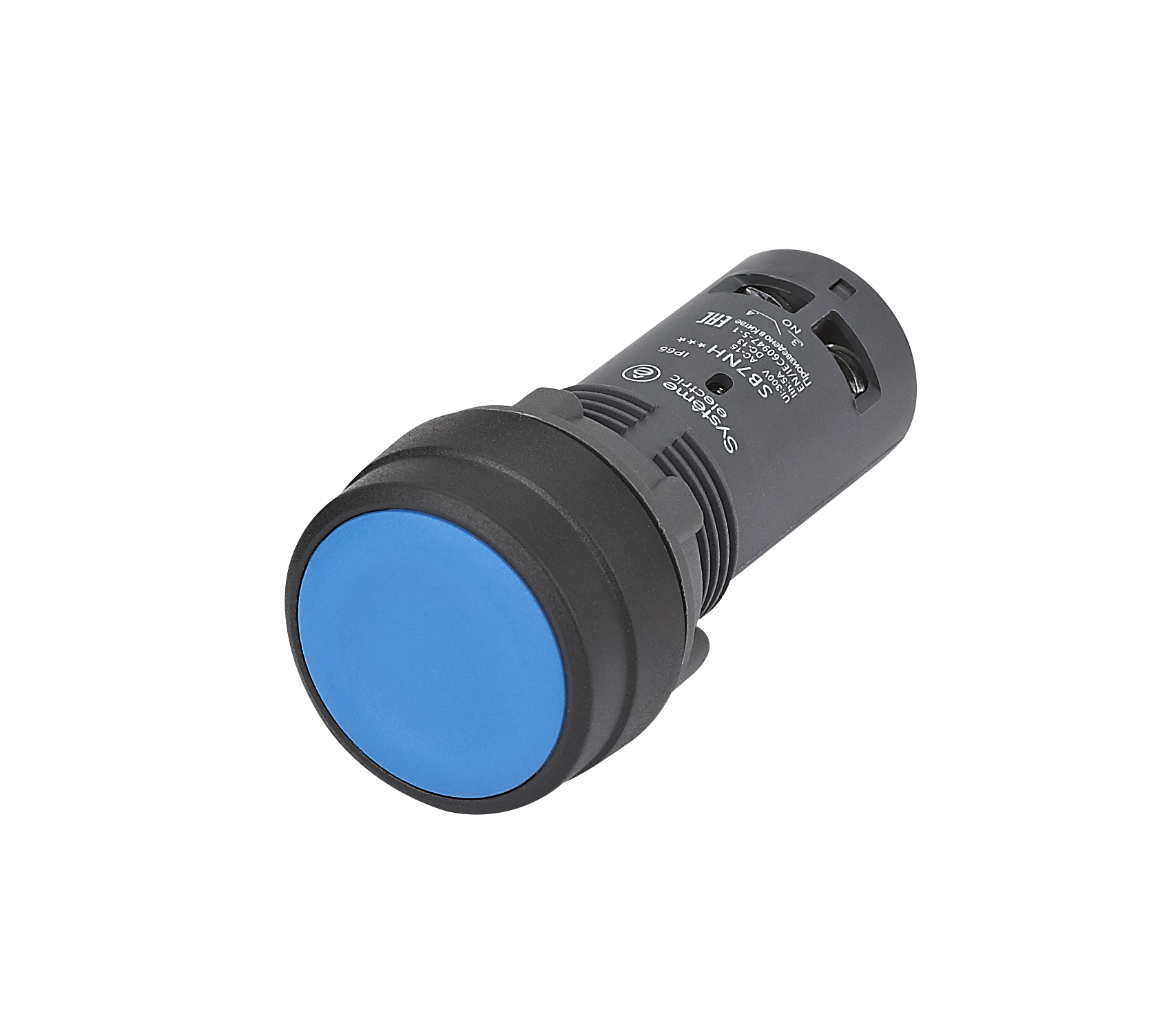 Кнопка SB7 моноблочная 22мм синяя с фиксацией, пластик, 1НО+1НЗ, IP65
