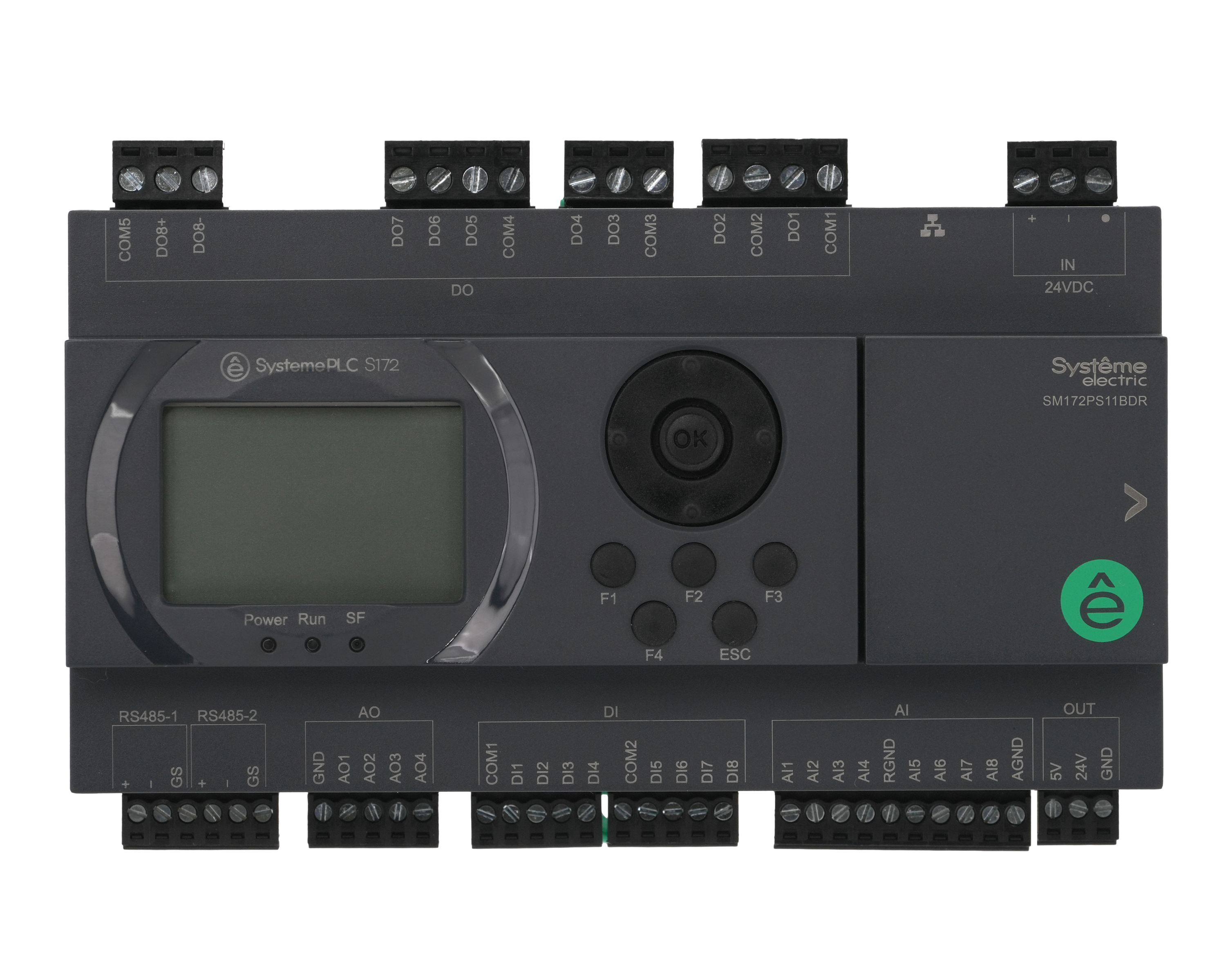 ПЛК S172; 24 VDC; дисплей; 28 IO: 8 DI, 8 DO (реле), 8 AI, 4 AO; 2xRS485, 1xRJ45