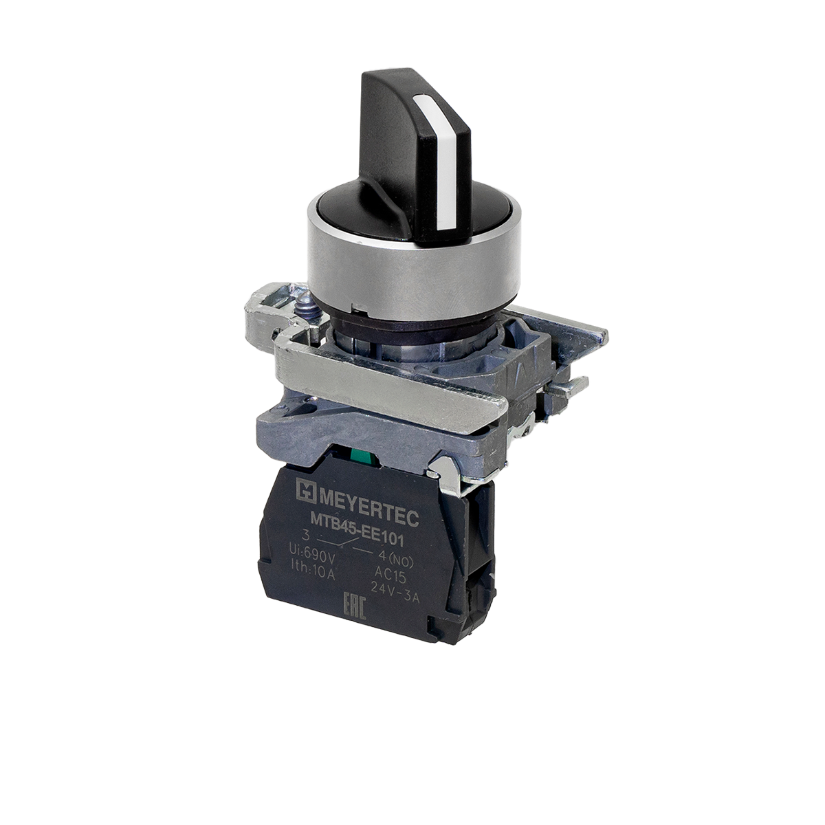 Переключатель на 2 положения с  возвратом, короткая ручка, 1NO, IP65, металл Meyertec MTB4-BD41