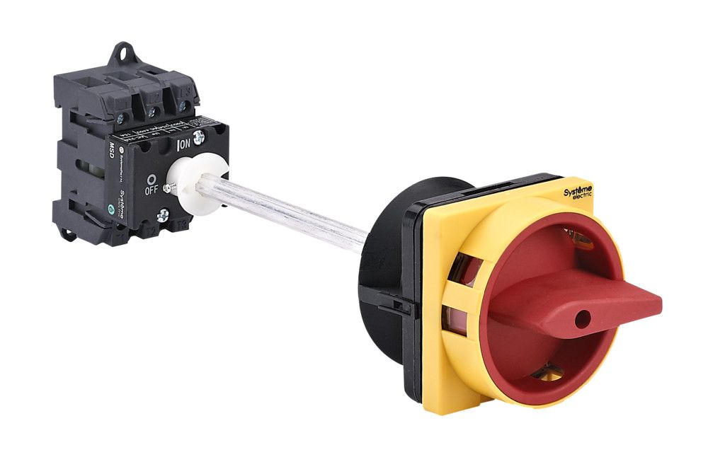 ВЫКЛЮЧАТЕЛЬ-РАЗЪЕДИНИТЕЛЬ 3P 32A IP40 С КРАСНОЙ ВЫНОСНОЙ РУКОЯТКОЙ НА ДИН-РЕЙКЕ/ПЛАТЕ С ЗАМКОМ фото