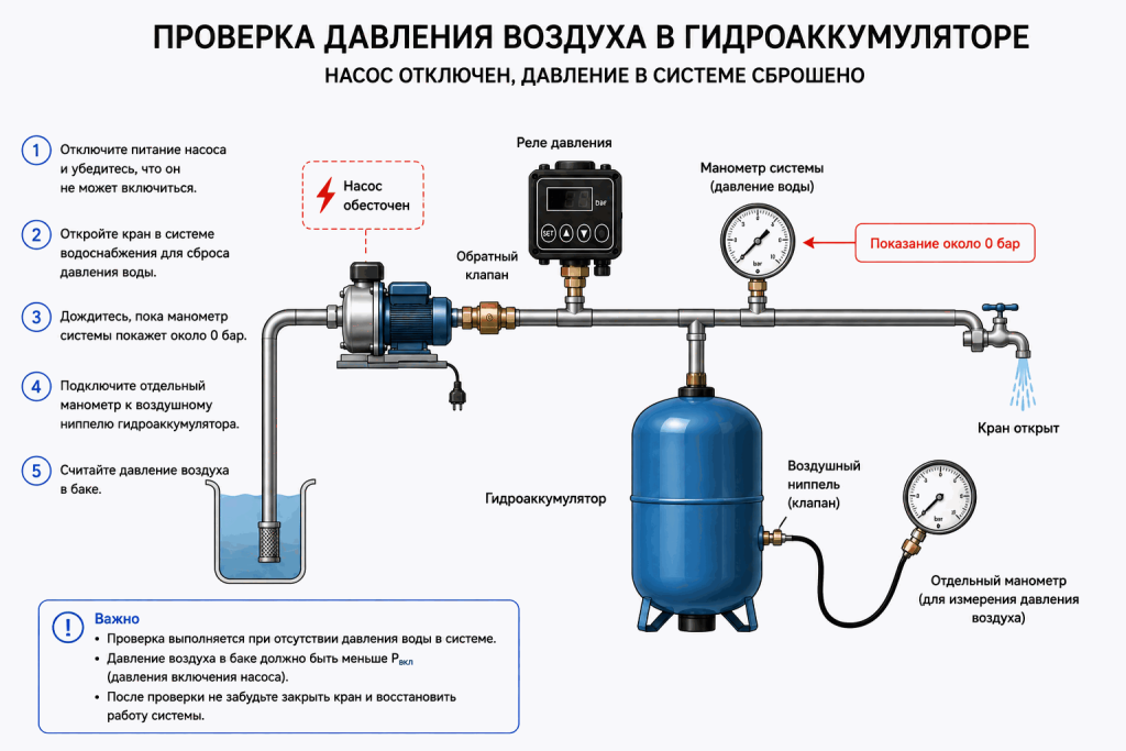 Проверка давления воздуха в гидроаккумуляторе при отключенном насосе, открытом кране и сброшенном давлении воды