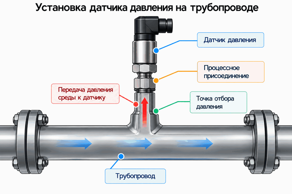 Установка датчика давления на трубопроводе Установка датчика давления на трубопроводе