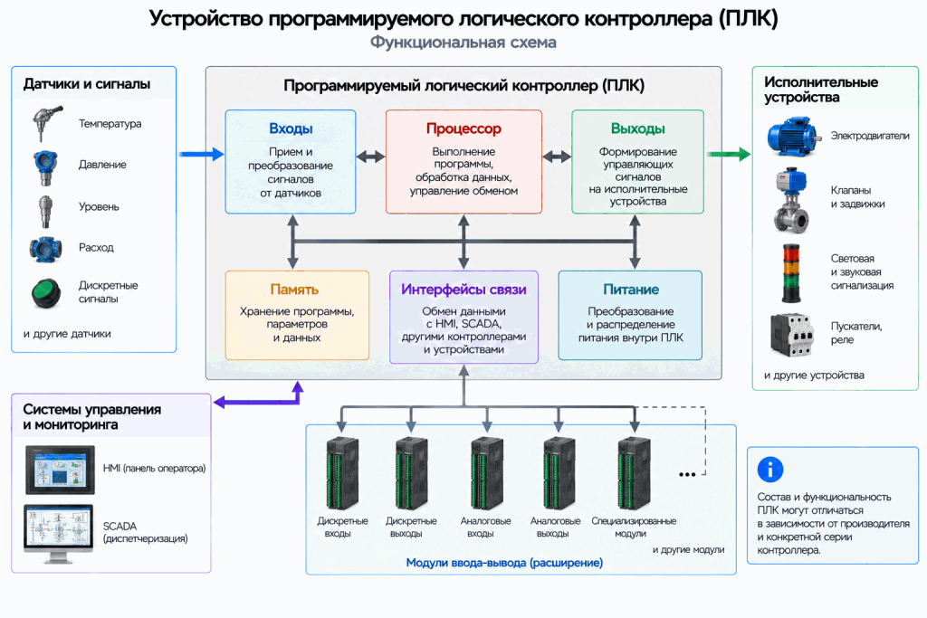 Функциональное устройство программируемого логического контроллера: процессор, память, входы, выходы, питание, интерфейсы связи и модули ввода-вывода Функциональное устройство программируемого логического контроллера: процессор, память, входы, выходы, питание, интерфейсы связи и модули ввода-вывода