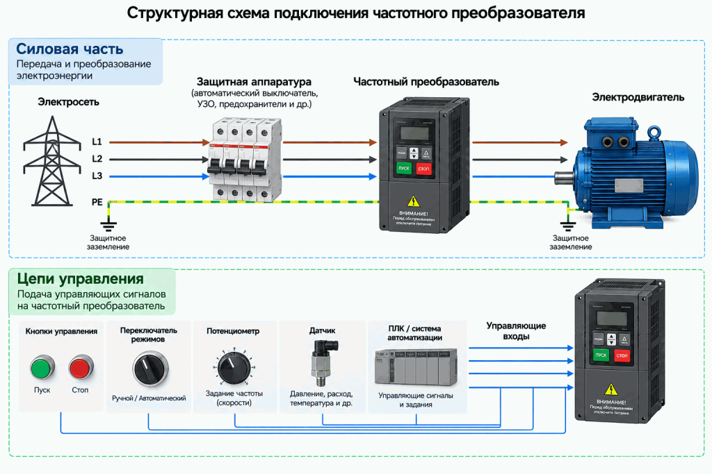 Схема подключения частотного преобразователя с разделением силовой цепи и цепей управления электродвигателем Схема подключения частотного преобразователя с разделением силовой цепи и цепей управления электродвигателем