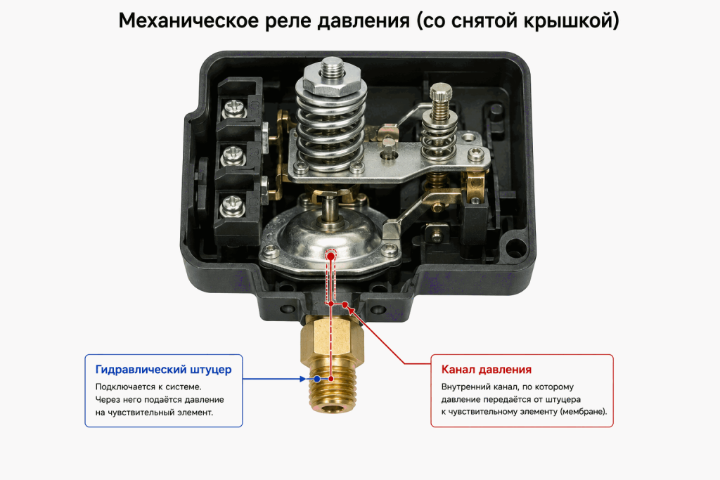 Механическое реле давления со снятой крышкой с обозначением гидравлического штуцера и внутреннего канала давления