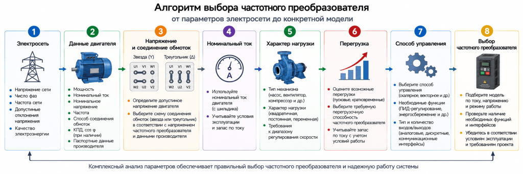 Алгоритм выбора частотного преобразователя по параметрам электросети, двигателя, номинальному току, характеру нагрузки и способу управления algoritm-vybora-preobrazovatelya.png