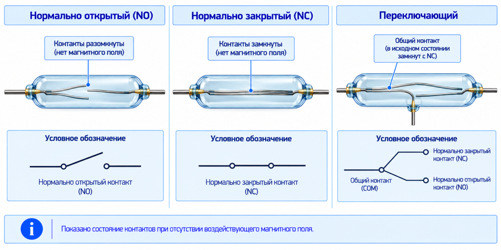 Сравнение нормально открытых, нормально закрытых и переключающих контактов герконов