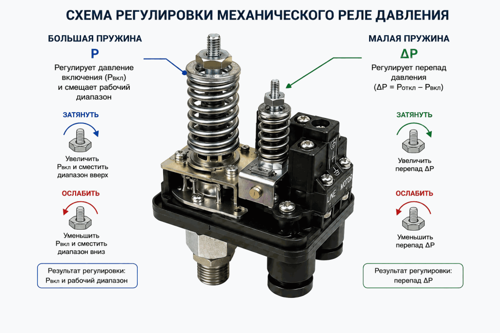 Регулировка механического реле давления воды: большая пружина P и малая пружина ΔP