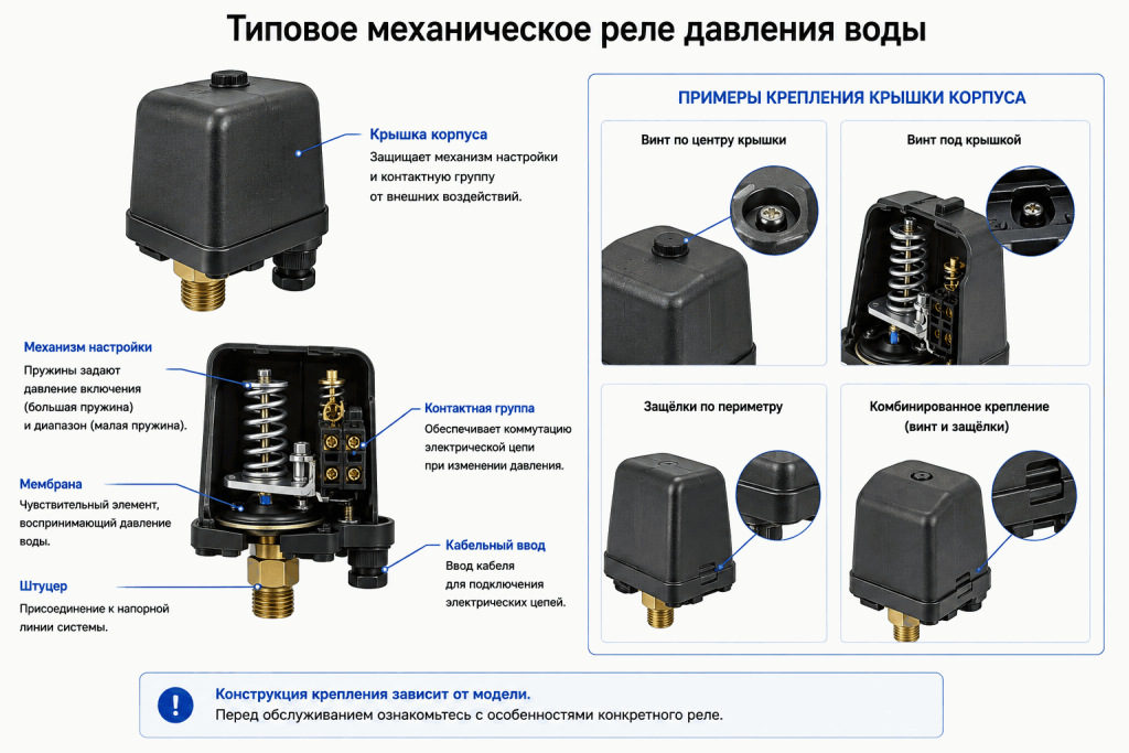 Типовое механическое реле давления воды с крышкой корпуса и вариантами ее крепления