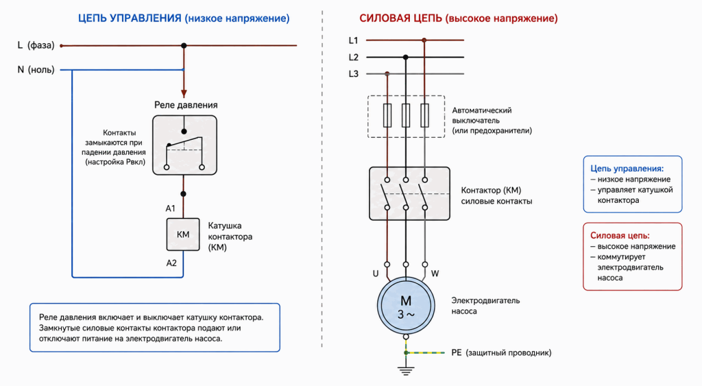 Схема управления насосом через контактор, где реле давления управляет катушкой контактора, а силовые контакты подключают электродвигатель